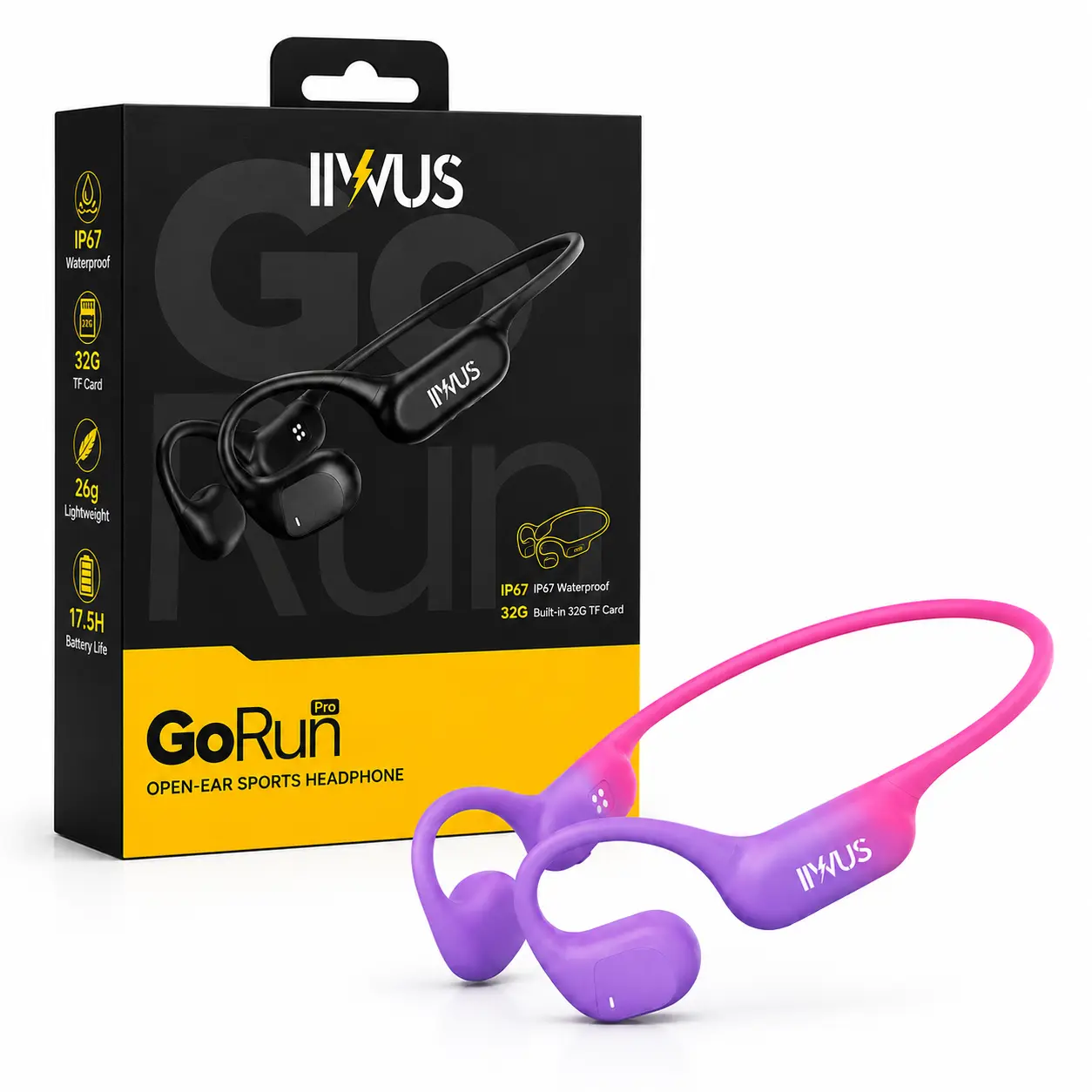 IIWUS GoRun Pro Open-Ear Running Headphones, Bluetooth Sports Headset, IP67 Waterproof, 17.5H Battery, 32GB Built-in Music Storage, Lightweight 26g Purple Pink