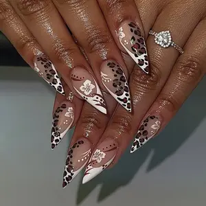 24pcs Almond Nail Tips, Leopard Print Flower Design, Glossy Finish, Reusable False Nails with Jelly Glue and File Included