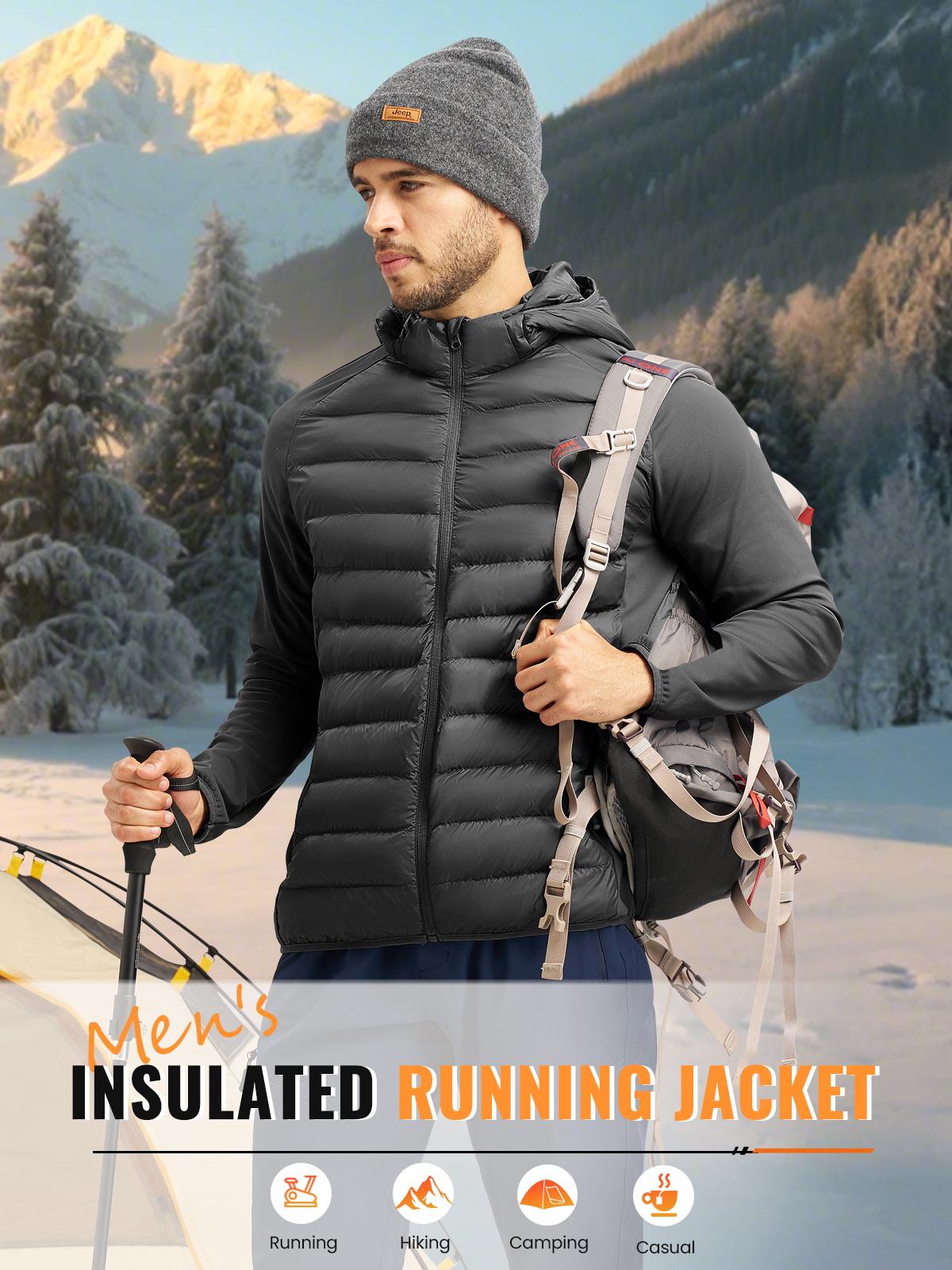 GOPUNE Men's Insulated Running Jacket Hybrid Lightweight Puffer Jacket Detachable Hood Warm Winter Coat Hiking Golf