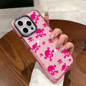 Phone Case for iPhone17 16 Plus 15 Pro Max 14 13 12 11 Pink Skull Pattern Non-Yellowing Shockproof Soft Silicone Transparent Cover