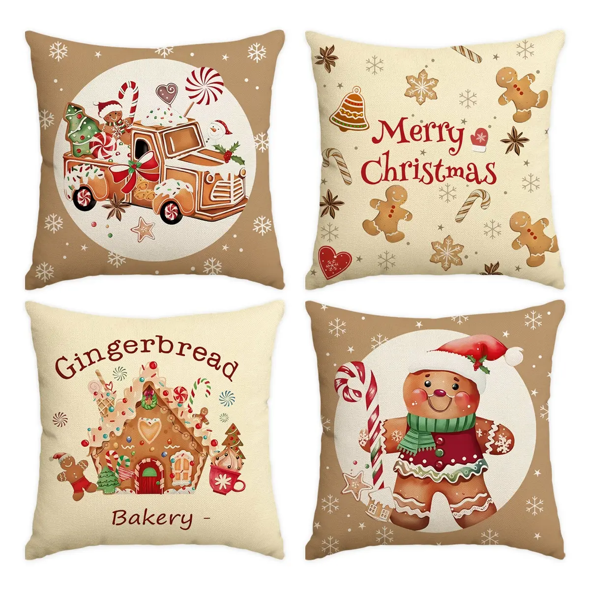 4pcs gingerbread Christmas, Snowflakes themed pillowcase, gingerbread truck single-sided printed sofa cushion cover, pillow cover, 18x18 inches, home & Christmas decoration (without pillow core)