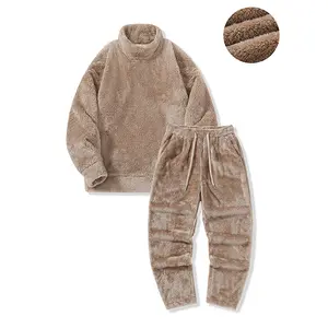 Men’s winter set featuring Arctic fleece—padded, thickened for warmth; sweatshirt and long pants, loose fit, versatile casual outfit suitable for wearing out.