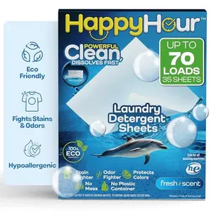 HAPPY HOUR Laundry Detergent Sheets Fresh Scent – 70 Loads, Eco Friendly, Liquidless Soap, Travel Friendly for Hot & Cold Cycles, Fights Tough Stains & Odors, Hypoallergenic for Sensitive Skin