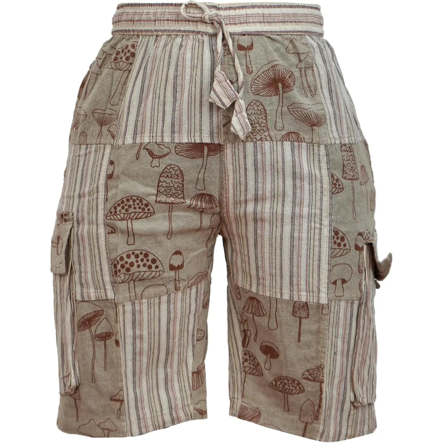 Ezhippie Men's Handmade Patchwork Casual Menswear Cargo Shorts - Mushroom Fabric, Hippie Boho Festival Style, 2 Side Pockets, Outdoor Wear, Clothes, Hand Wash Only, Patchwork Print, Adjustable Waist, Adjustable Strap, Wooden Buttons