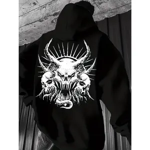 Dark Gothic Skull Hoodie |   Men'S Heavy - Metal Pullover. Polyester Blend, Slight Stretch. Spring/Fall Knit, Regular Fit. Edgy Geometric Demon Skull Print, Streetwear