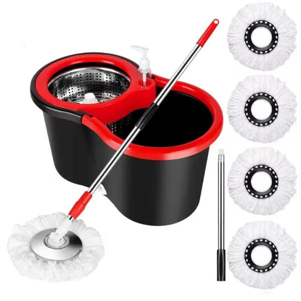 Spin Mop and Bucket with Wringer Set, 360° Spinning Mop Bucket System with 4 Microfiber Mop Replacement Heads and Stainless Steel Adjustable Handle for Floor Cleaning