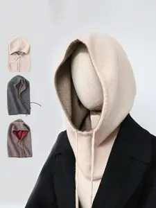 Unisex Reversible Balaclava Hat Fall & Winter Warm Solid Color Drawstring Knit Cap Outdoor Travel Neck Gaiter Ear Protection