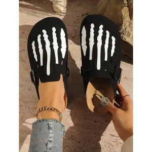 Women's Fashionable Skeleton Print Slides, Casual Comfortable Soft Slippers for Indoor Outdoor Wear, All-match Commuter Shoes for Work & Daily Wear, Girl, Stitched Slippers