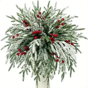 50pcs Artificial Norfolk Pine Branches and Red Fruits , Christmas Green Plants Select Norfolk Pine Stems False Pine Needles Branches for Vase Filling DIY Craft Wreath , Christmas Decorations , Christmas gifts