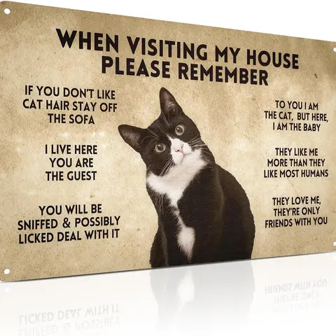 8x12 in Chic Weatherproof Metal Plaque - Funny Tuxedo Cat-Themed, Humorous Visitor Interaction Guide, Novelty Decor, Indoor/Outdoor Home Wall Art Sign Yard Sign, Gift for Cat Lovers (All Ages)