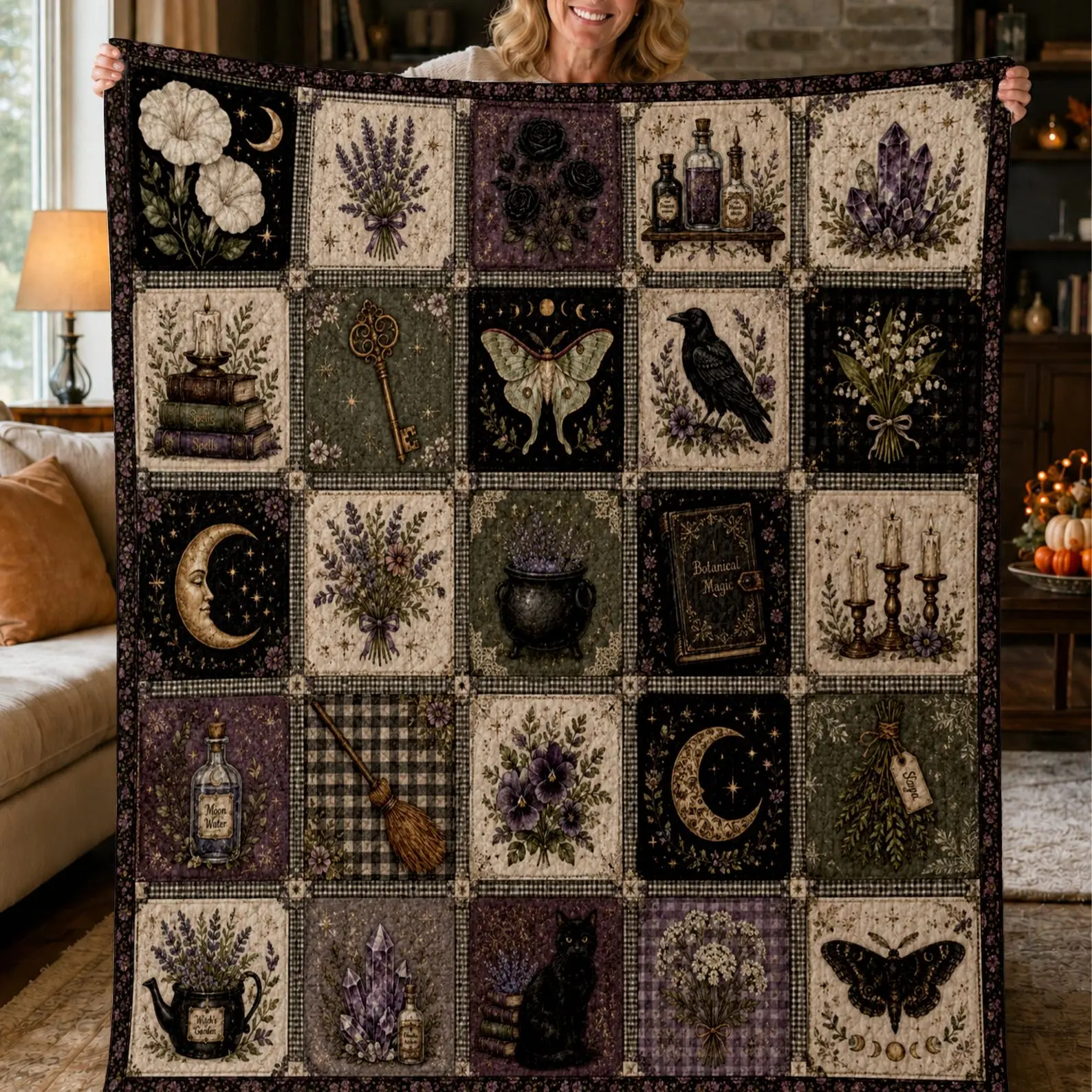 Witchy Botanical Flannel Blanket, Whimsigoth Room Decor, Dark Cottagecore Quilt Throw, Celestial Moth Black Cat Blanket, Gothic Herbalist Bedding, Spooky Season Gift, Magic Spell Book Blanket, Cozy Aesthetic Throw, Cute Witchy Gift