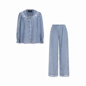 Cider 100% Cotton Gingham Long Sleeve Top & High Rise Trousers Loungewear Set