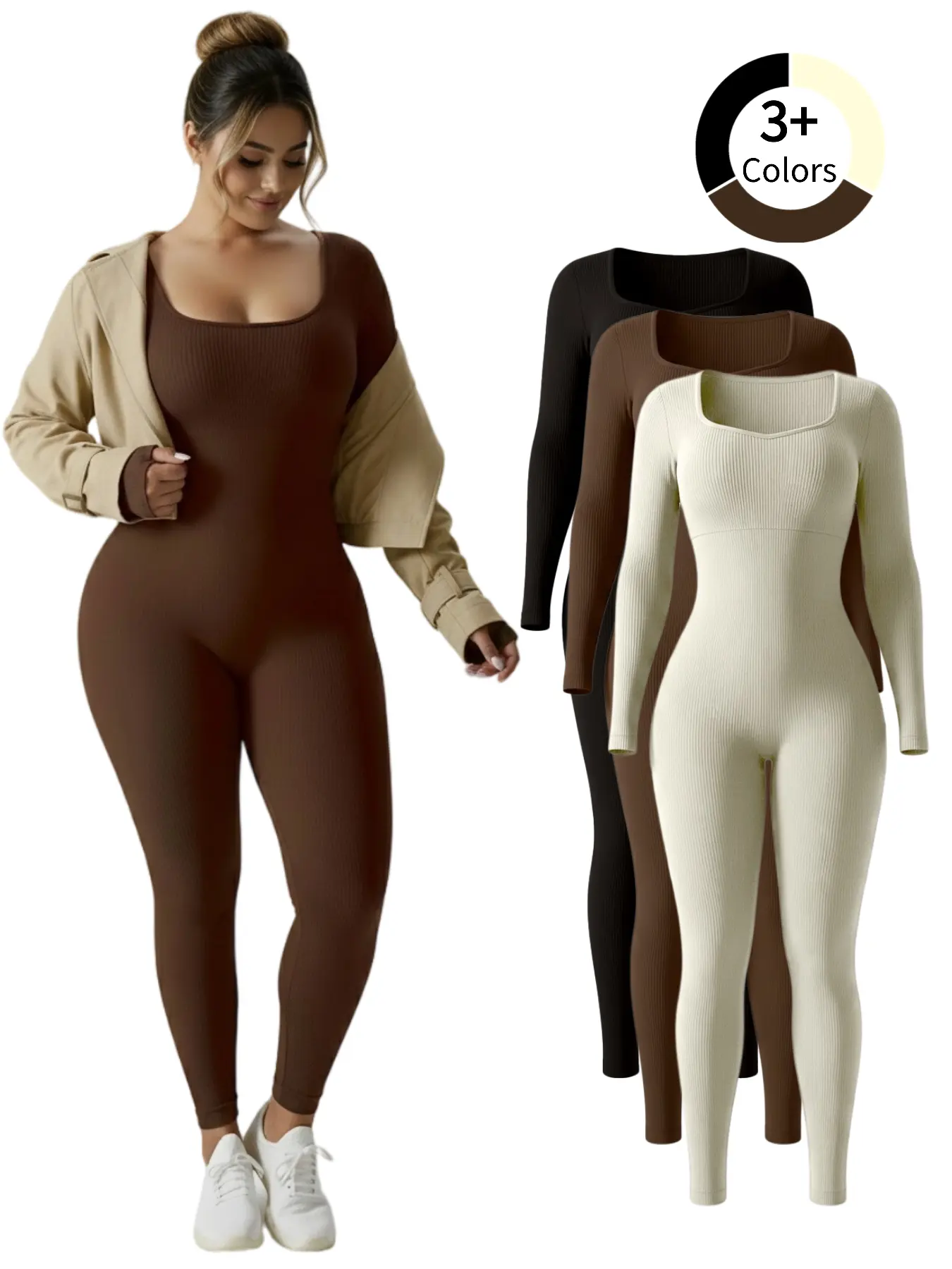 Women's Full-Length Ribbed Jumpsuit - Nylon Stretch Fabric, Long Sleeve Scoop Neck, Tummy Control Athletic Workout Gear, Quick Dry Sports Outfit for Yoga, Breathable, Casual, Club, Thick, Slim-Fitting, Sports Outfits, Stretchable Activewear, Quick Dry Jum