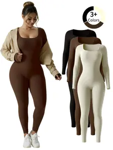 Women's Long Sleeve Jumpsuits Casual Workout Yoga Jumpsuits for Women Comfy Everyday Nylon Soft Tracksuit Stretchy Ribbed Overalls Black Brown Clothes Piece Fabric Sports Outfits Stretchable Activewear overall