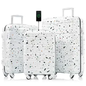 Three-piece luggage set, 20 inches, with USB port, meeting airline boarding standards, ABS+PC hard shell, with universal wheels, star blank