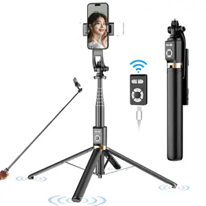 Multifunctional  tripod and selfie stick: an integrated telescopic  tripod  a wireless remote; tripod stand compatible  iPhone and travel selfie sticks featuring 360° rotation, compatible  iPhone and Android .