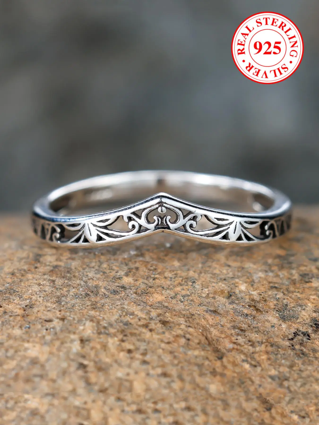 925 Sterling Silver Vintage Hollow Out V-shaped Ring, Fashionable Ring for Women & Men, Elegant All-match Fashion Accessories for Daily Wear, Exquisit