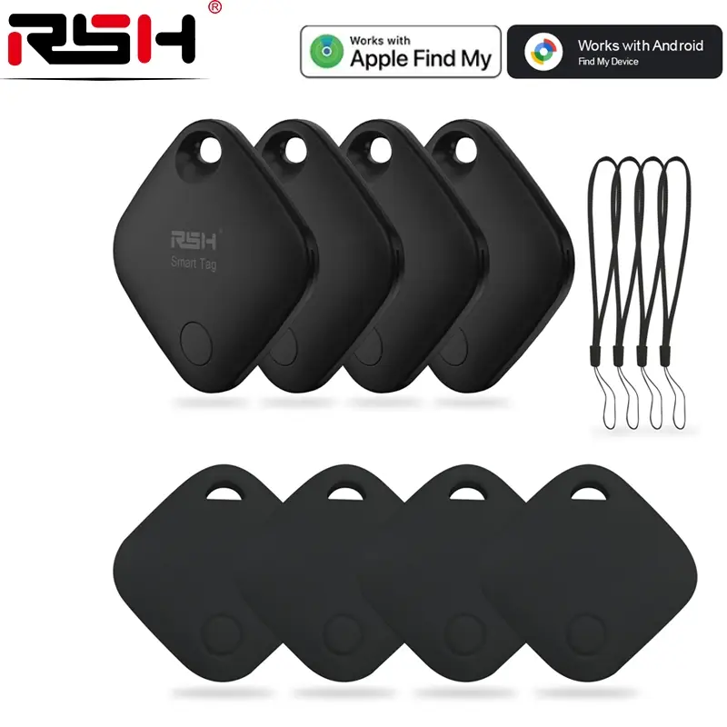 Rsh Tracker Smart Tag Lost Alarm Bundle Pack, Compatible with Apple Find My/google Find HUB, Includes 4 Tags + Silicone Cases + Lanyards with iOS appl