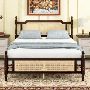 Queen Size Rattan Bed Frame,Wood Platform Bed with Rattan Headboard and Footboard, Antique Queen Boho Bed Frame with Storage Underneath, No Box Spring Needed, Espresso