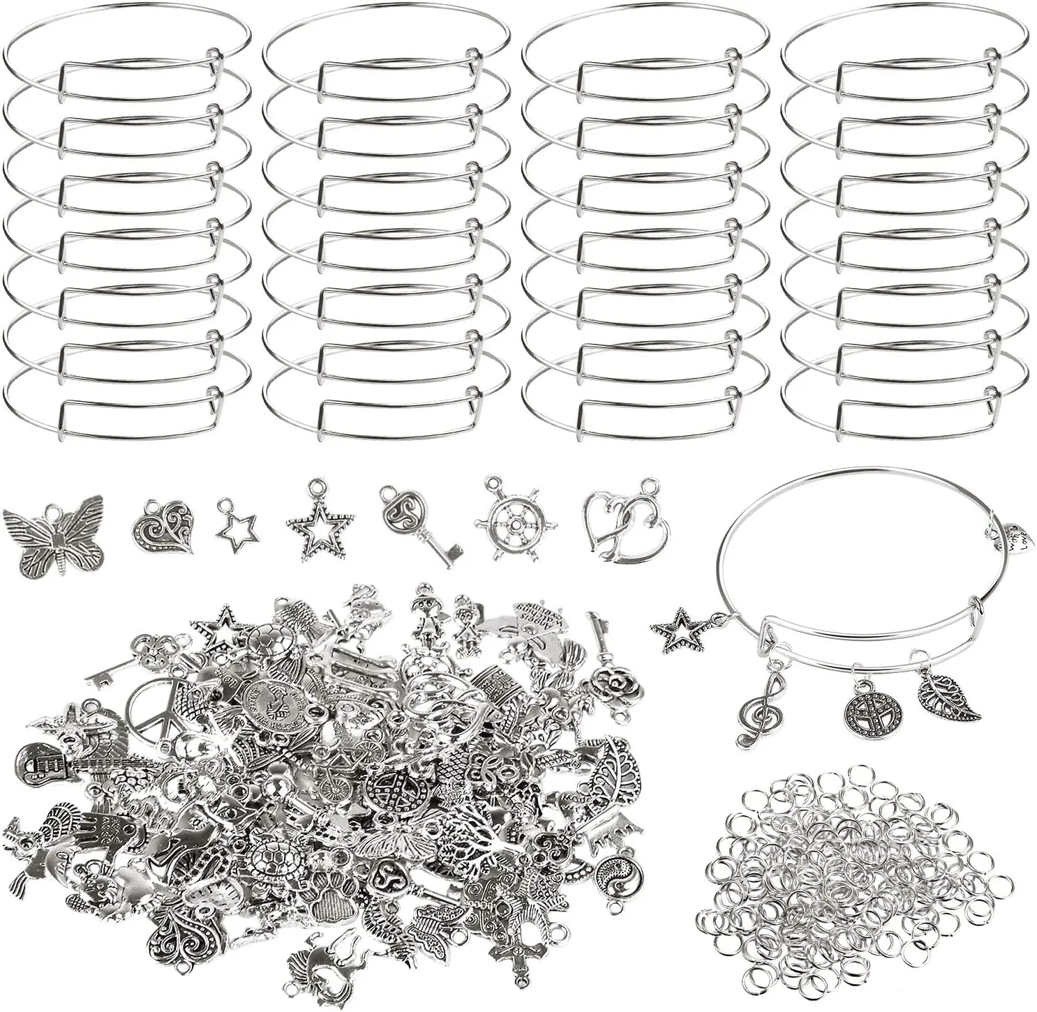 Charm Bracelet Making Kit,30Pcs Silver Expandable Blank Bracelets | Adjustable Wire Bangles with 100Pcs Tibetan Silver Charms, 200Pcs Open Jump Rings for Jewelry Making