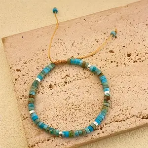 1pc Natural Turquoise Bead Woven Bracelet - Adjustable Minimalist Women��s Bracelet with Golden-Tone Clasp, Emotional Protection Jewelry Gift for Her, Wellness Bracelet |   Minimalist Jewelry |   Woven Design