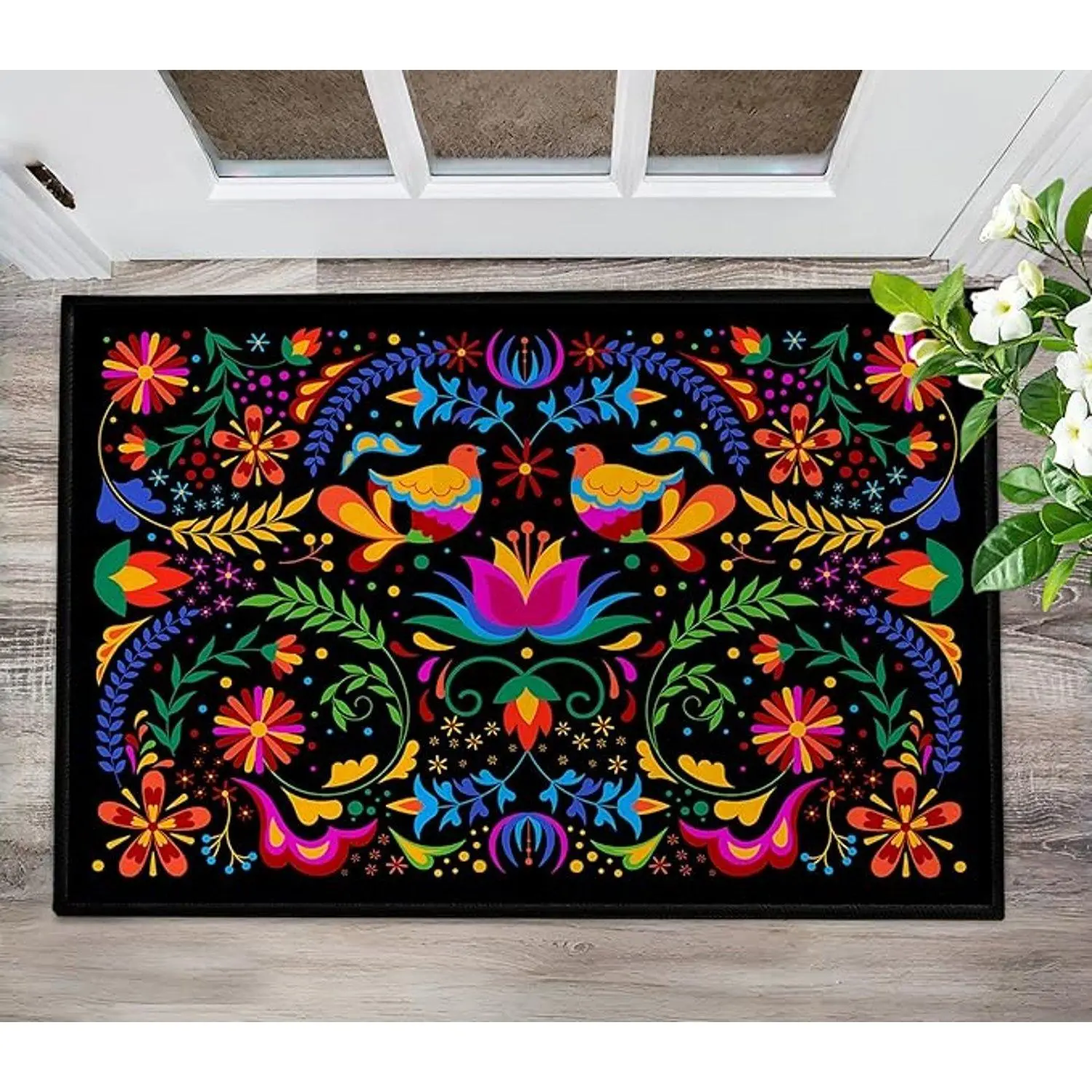 Flannel Mexican Talavera-Themed Door Mat Indoor Entrance Carpet Mexican Decor Doormat Black Entry Rug