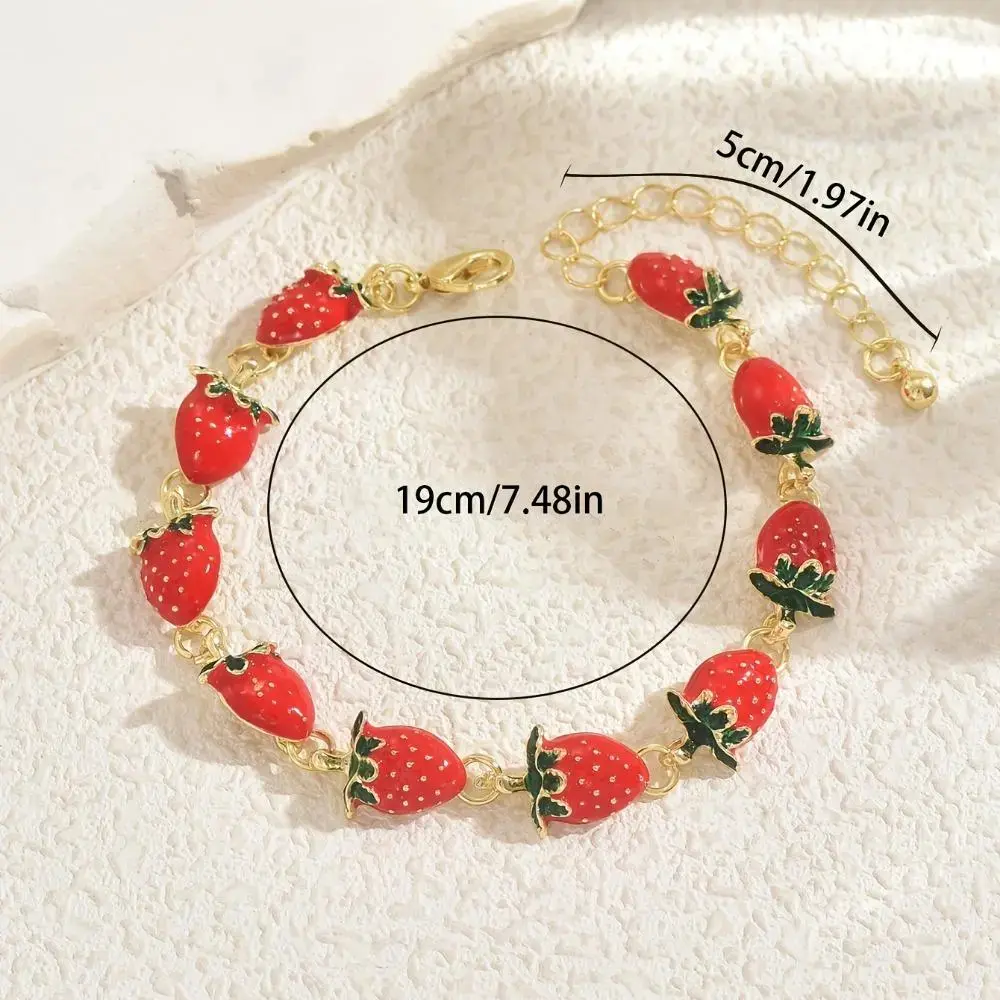 Adjustable Gold Chain Red Enamel Strawberry Charm Bracelet for Women Teen Girls Cute Fruit Link Wristband Trendy Daily Sports Outdoor Accessory Perfect Birthday Holiday Gift