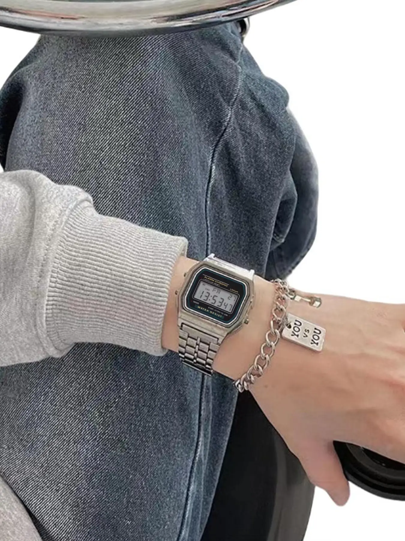2pcs square small dial steel strap electronic watch bracelet set Fashionable Watches Fashion Wristwatches Casual Wristwatch Set