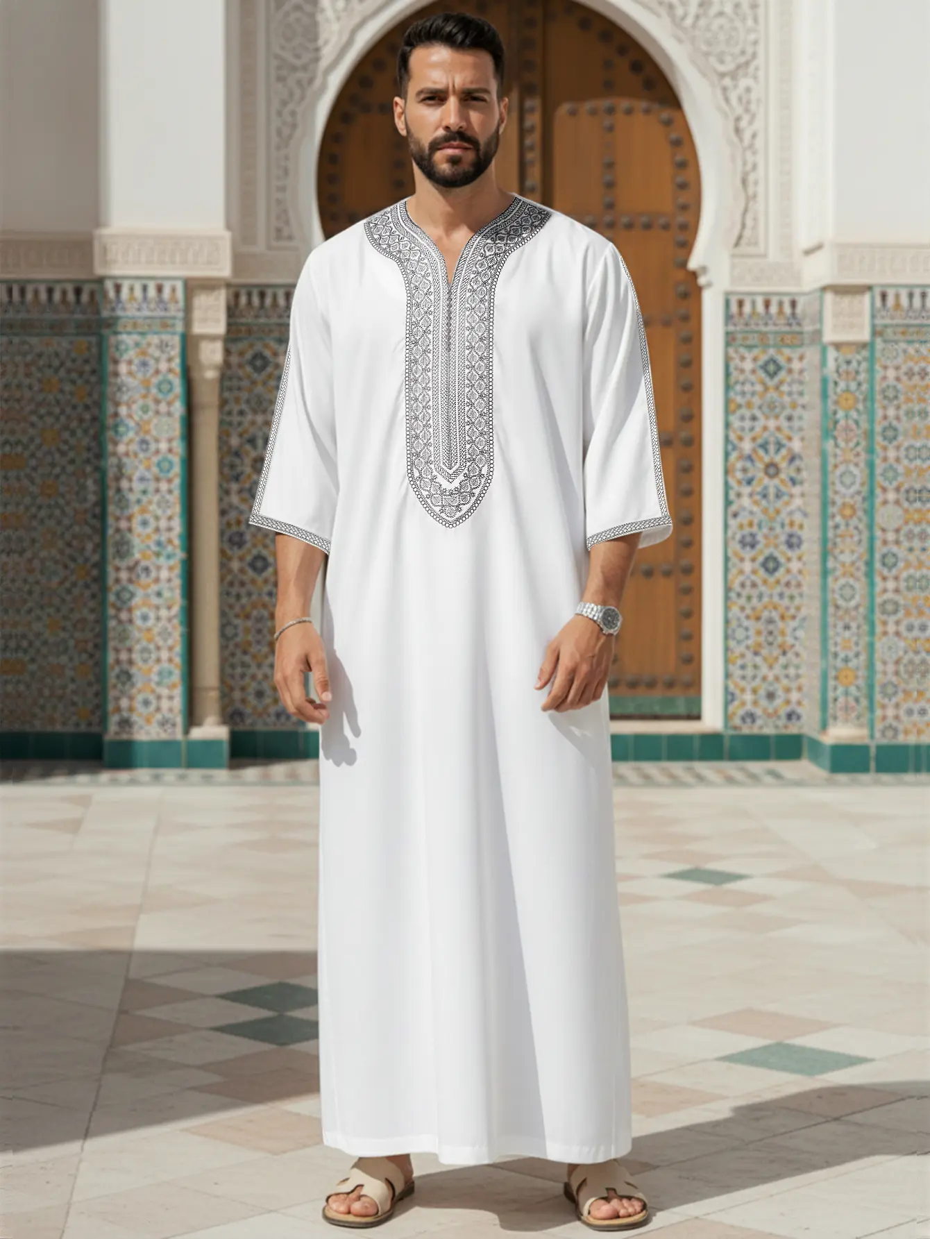 Men's Casual Moroccan Thobe, Embroidered Traditional Arabic Robe with Pocket for Daily, Lounge & Special Occasions Fit