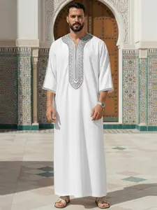 Men's Casual Moroccan Thobe, Embroidered Traditional Arabic Robe with Pocket for Daily, Lounge & Special Occasions