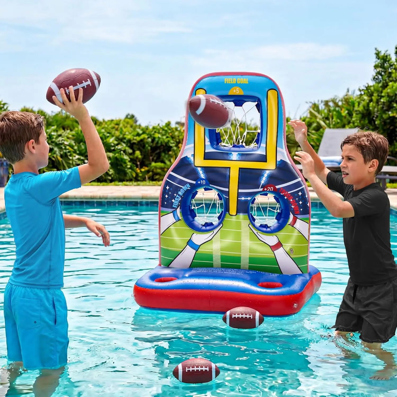 Inflatable Football Toss Pool Games Set, Football Target for Kids Age 8-12, Teens, Adults, Family, with 4 Water Footballs & 2 Pumps, Summer Swimming Pool Toys for Party, Beach, Lawn, Indoor/Outdoor