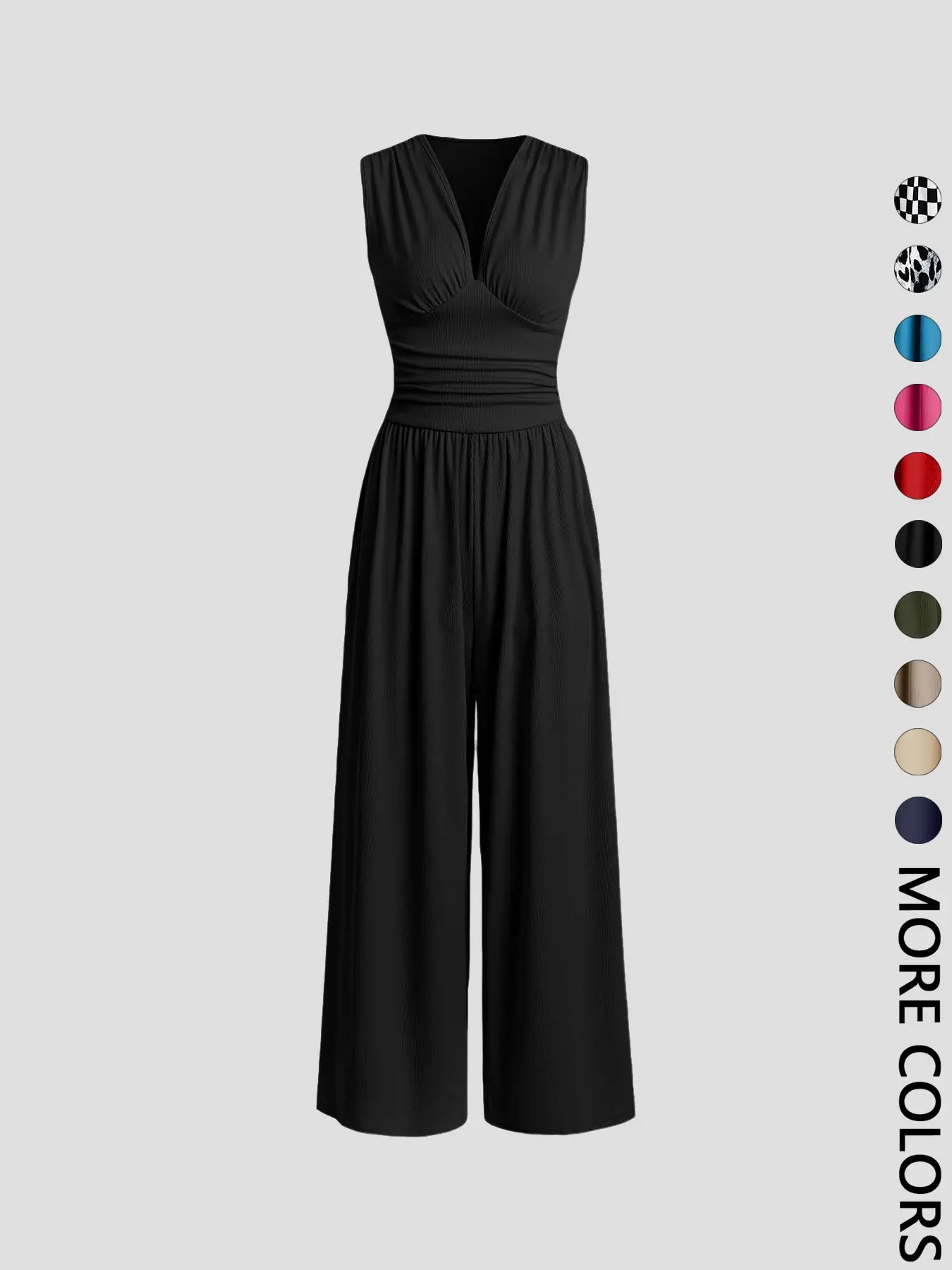 Women's Plain Ruched Deep V Neck Ribbed Fitted Jumpsuit, Elegant Sleeveless  Wide Leg Jumpsuit for Summer, Ladies Clothes for Beach Holiday Vacation -  TikTok Shop