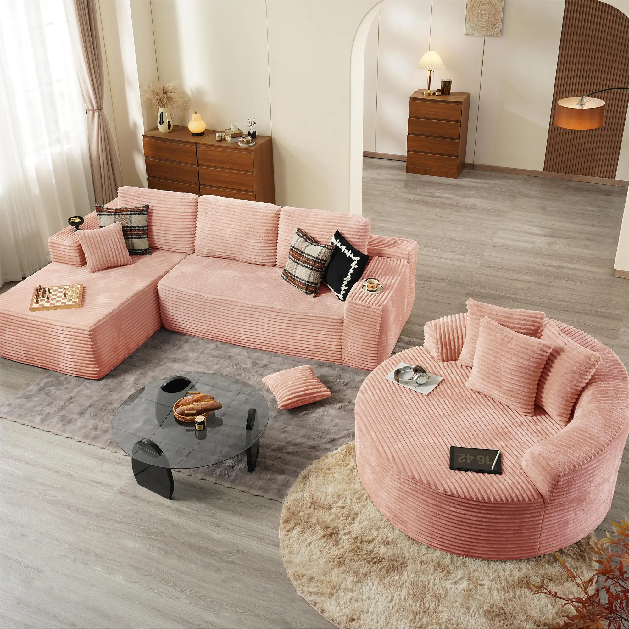 WEAXTY 104" Modular Sofa Couch Set of 2, Corduroy L Shaped Sectional Sofa&Lounger with Cup Holders, Modern Comfy Round Couch for Living Room, Office, Deep Seat, Wider Armrest, No Assembly Needed
