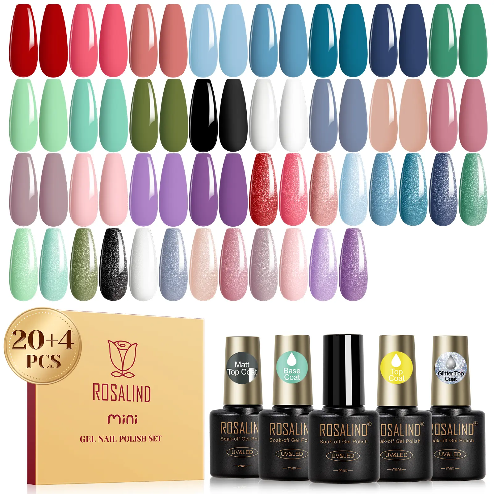 ROSALIND Mini 24PCS Gel Nail Polish Nail Art Starter Set with Base Coat Glitter&Glossy&Matt Top Coat Need UV Led Lamp Long-Lasting Gel Polish White Red Black Green Blue Pink Nude Glitter Summer Series Manicure Gift Set Nail Charms Beauty Products