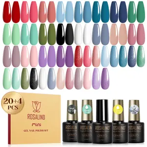 ROSALIND Mini 24PCS Gel Nail Polish Nail Art Starter Set with Base Coat Glitter&Glossy&Matt Top Coat Need UV Led Lamp Long-Lasting Gel Polish White Red Black Green Blue Pink Nude Glitter Summer Series Manicure Gift Set Nail Charms Beauty Products