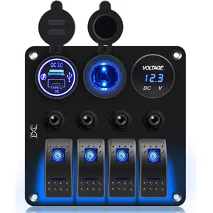 Waterproof Marine Boat Blue Rocker Switch Panel 4 Gang with QC3.0 USB & Type-C Slot Socket + Cigarette Lighter + LED Voltmeter with Overload Protection Circuit Breaker for Car Rv Vehicles Truck