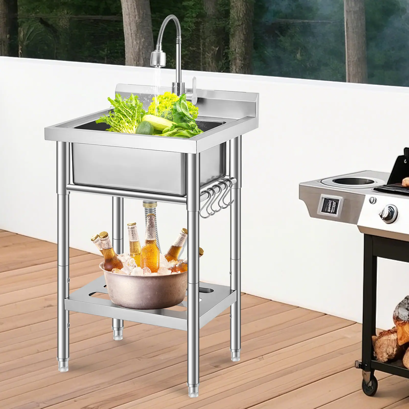 Stainless Steel Outdoor Utility Sink with 360° Swivel Pull-Out Faucet, Storage Shelf, Easy-Clean Basin, Adjustable Design, Metal Construction, Shop/Laundry Room/Garage Use, Uneven Floor Compatibility