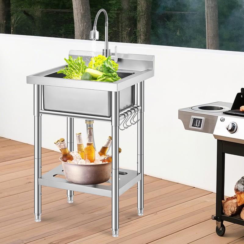 304 Stainless Steel Outdoor Utility Sink - 0.8mm Durable Metal Construction, 360° Swivel Pull-Out Faucet with Hot/Cold Control, Easy-Clean 304 Basin, Adjustable Design, Bottom Shelf for Tools, Uneven Floor Compatibility, Modern for Shop & Backyard BBQ Use