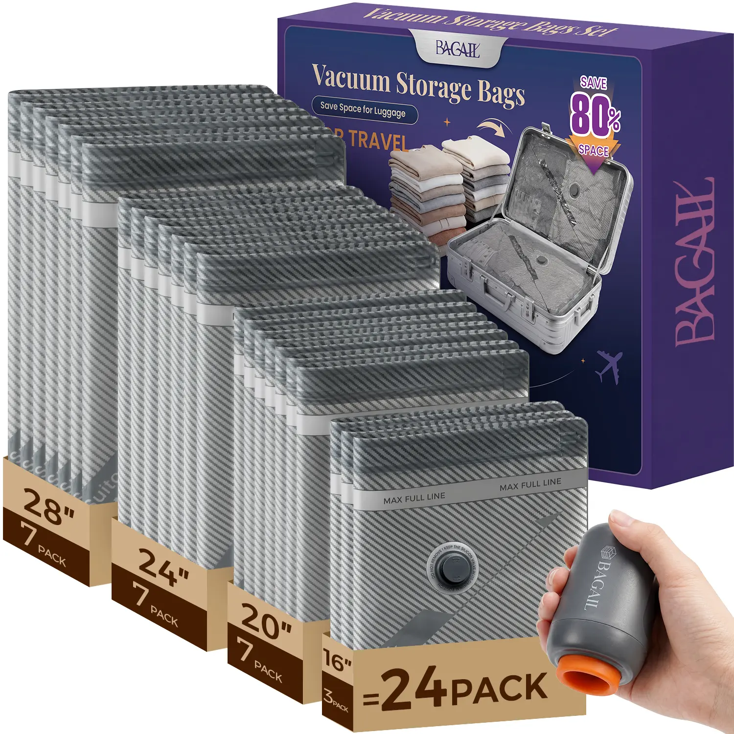 Bagail Travel Vacuum Seal Storage Bags with Rechargeable Wireless Pump, Compact Compressible Packing Aid for Luggage, Home Supplies Storage Organization Solution