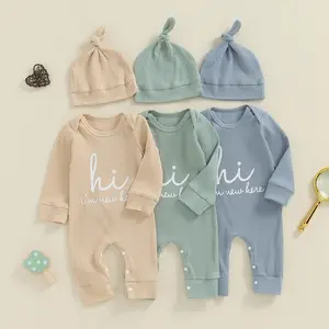 Baby Boy Girl Clothes Hi I'm New Here Newborn Outfit  Romper Bodysuit Jumpsuit+Hat Newborn Hospital Outfit