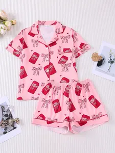 Women's Valentine's Day Coca-Cola Soda Print Short Set, Comfortable Soft Fitted Top and Shorts, Casual All Seasons Home Wear
