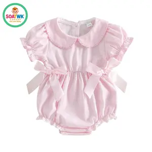 Baby Girl Striped Bubble Romper with Bows Short Sleeve Doll Collar Ruffled Bodysuit Cute Newborn Summer Jumpsuit
