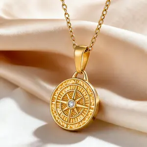 18K Gold Plated Compass Necklace for Women, Vintage Viking Rune Compass Pendant Necklace, Dainty Roman Numeral North Star Necklace with CZ, Waterproof Stainless Steel Nautical Jewelry, Travel Graduation Gift