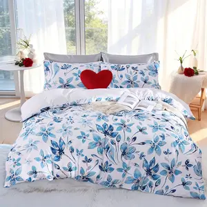 Blue Floral Plant Print Bedding Set, 3-Piece Suite with 1 Duvet Cover and 2 Pillowcases, Cozy Romantic Bedroom Decor, Ideal Gift