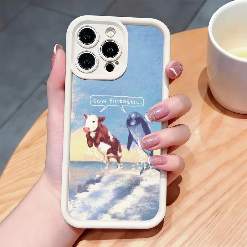 Fun patterned phone cases (cow and dolphin). Compatible with iPhone 17 Pro Max/16 Pro Max/15 Plus/14/13/12/11, TPU soft case. Compatible with Galaxy S26 Ultra/S25 Plus/S24/S23, Dopamine color. Compatible with Galaxy A54/A53/A33/A15.