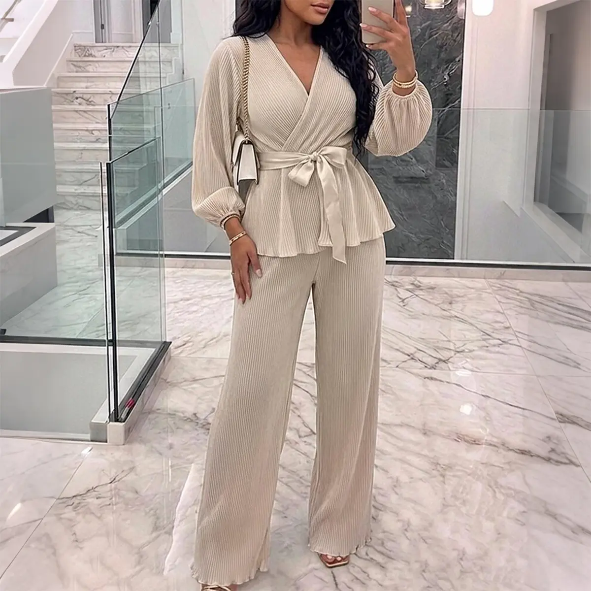 CHICME Women's 2-Piece Satin Wide-Leg Pants Set - Smooth Polyester Feminine Outfit with Ruffled Lantern Sleeves, Elastic Tie-Waist Top, Drape Trousers, Vintage Ready-to-Wear