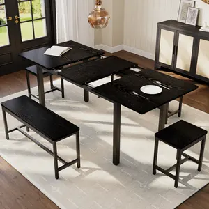Modern Black/Brown 63 Inch Extendable Dining Ensemble, Versatile Kitchen Table Set with 2 Dining Benches and 2 Square Stools, Comfortably Seats 6-8 Guests with Simple Easy Assembly for Family Dining