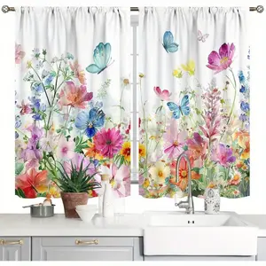 Set of 2 Blackout Curtains Featuring a Spring Watercolor Floral Design, Ideal for Short Cafe Windows. Measuring 28X40 Inches, These Rod Pocket Drapes Are Perfect for Small Spaces Like Cafes, Shops, Kitchens, And Bathrooms
