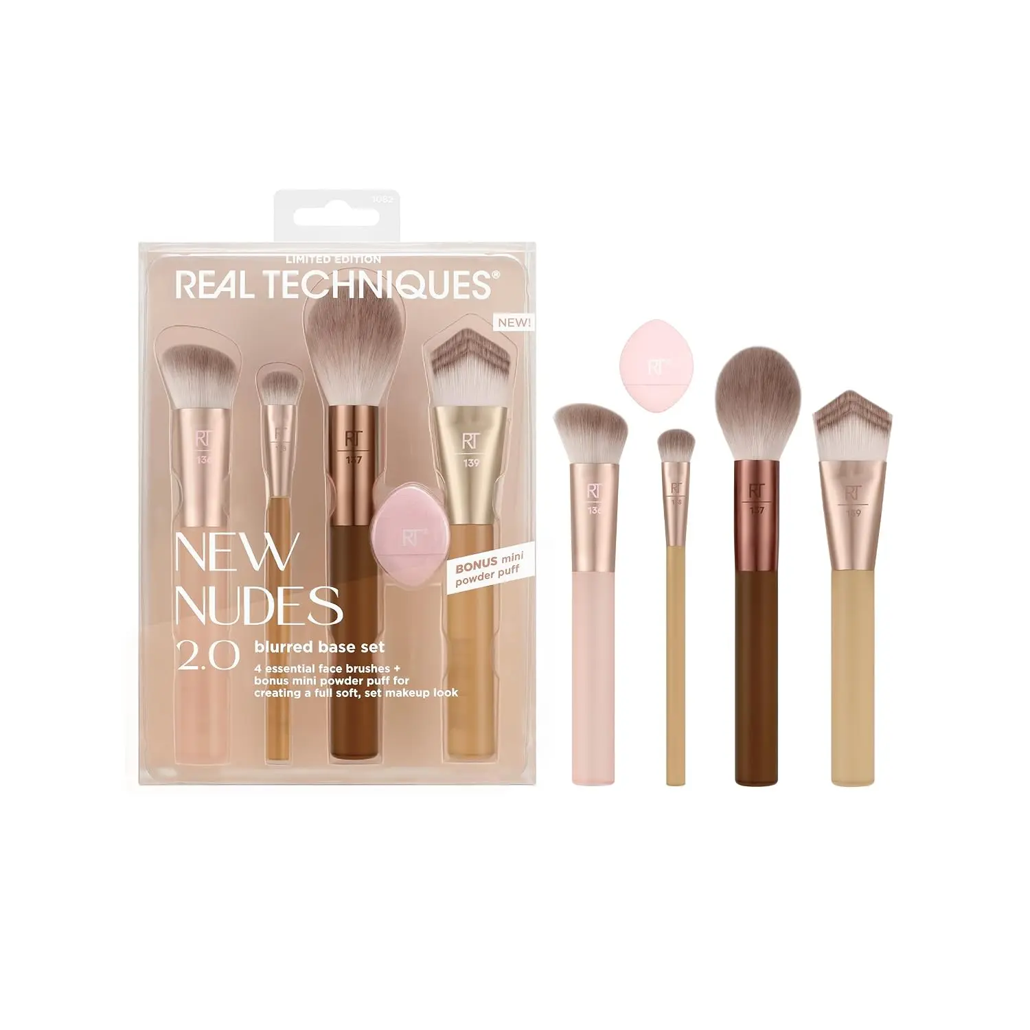 Real Techniques New Nudes Blurred Base Kit, Face Makeup Brush Set | Blend and set with control using a foundation brush set with mini powder puff, makeup brushes for liquid, cream or powder