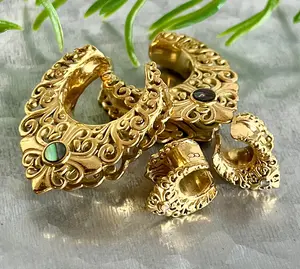 PAIR of Stunning Gold Plated Filigree Abalone Saddle Ear Spreader Hanger-Tunnels/Plugs - Gauges 0g (8mm) thru 3/4" (19mm)